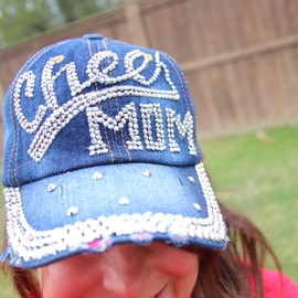 Popfizzy Cheer Mom Hat for Women, Bling Rhinestone Hat, Bedazzled Baseball Caps, Fancy Bejeweled Hats, Distressed Denim Hat, Cheer Mom Clothes