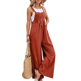 Flygo Womens Overalls Loose Fit Cotton Linen Bib Overall Wide Leg Jumpsuit Rompers with Pockets(Rust-M)