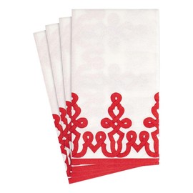 Caspari Dessin Passementerie Paper Linen Guest Towel Napkins in Red - Four Packs of 12