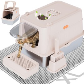 Citylife Stainless Steel Cat Litter Box with Lid，XL Extra Large Enclosed Removable Metal Litter Box with Litter Scoop&Double Layer Litter Mat,Non-Sticky，Non-Odor,Easy Cleaning, for Big Cats，Khaki