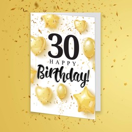 Friendly Fox Round Birthday Card - 30th Birthday Card - A5 Happy Birthday Card with Envelope - Folding Card 30th Birthday Balloons & Confetti Motif