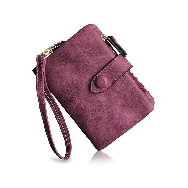 Myasrelae Womens Small Bifold Leather Wallets Rfid Ladies Wristlet with Card slots id window Zipper Coin Purse (Purple) (Purple)