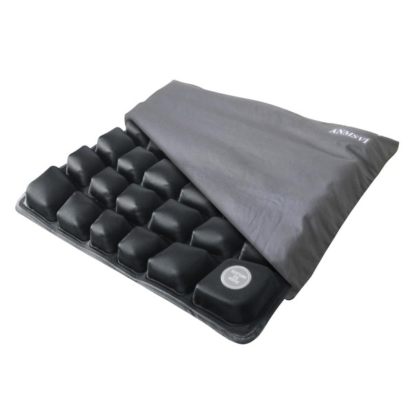 ANMSVI Air Inflatable Wheelchair Seat Cushion for Car, Office, Home Living, Adjustable Firmness for Coccyx, Sciatica Pain Relief, Tailbone Pain Relief, 46x 41x 5.3cm whit Grey Cover