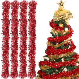 Kalamakala Christmas Garlands, 4 Pieces Christmas Tree Tinsel Garland, 2 m Shiny Christmas Tree Ornaments, Christmas Decoration Tinsel for Christmas Tree Christmas Party (Red)