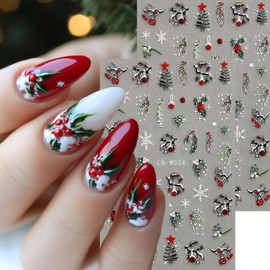 Christmas Nail Stickers 4 Sheets Christmas Nail Art Stickers, 5D Embossed Self-Adhesive Winter Leaves Snowflake Christmas Tree Flower Nail Decals Pattern Design DIY Holiday Nails Decoration for Women