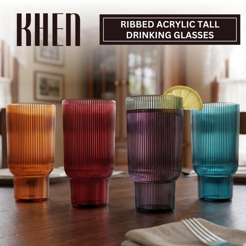 Khen Shatterproof Acrylic Tall Drinking Glasses Set, European Style, Dishwasher