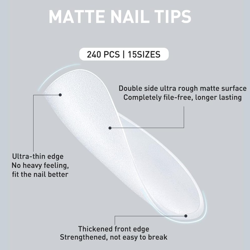 Beautilux Nageltips Square Oval, Full Cover Nail Tips, Pre-Buff Matt
