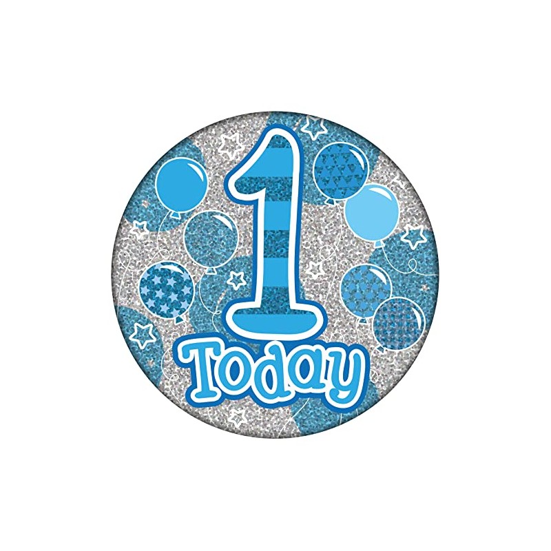 Age 1 Birthday Badge Blue And Silver Holographic Recyclable 1st