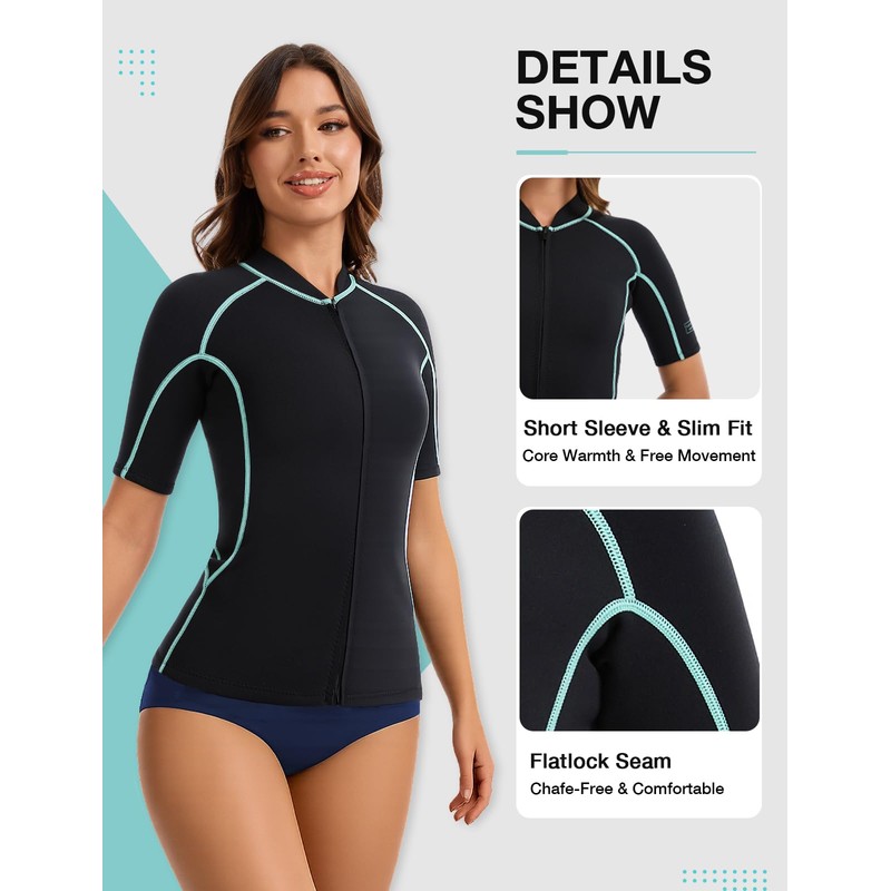 Lemorecn Women’s 2mm Wetsuit Top Short Sleeve, Front Zip Wet