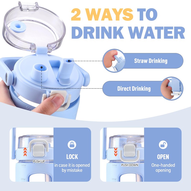 BLUEGO 40oz Glass Water Bottles with Straw Time Marker Half