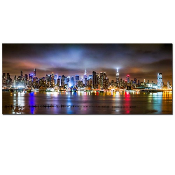 sechars - New York City Canvas Wall Art Manhattan Skyline Panorama on Cloudy Night Picture Giclee Art Print Modern Home Office Wall Decoration Stretched Canvas Ready to Hang
