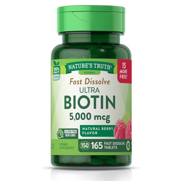Nature's Truth Ultra Biotin 5000mcg | 165 Fast Dissolve Tablets | Hair Skin and Nails Supplement | Natural Berry Flavor | Vegetarian, Non-GMO, Gluten Free
