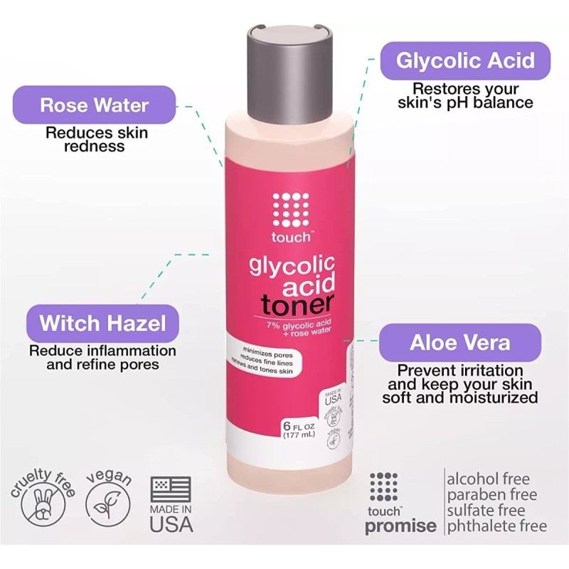 Touch Tóner 7% Ácido Glicólico Con Agua De Rosa, Gel