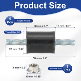 PATIKIL M6 20x20mm Rubber Isolator Mounts, 4 Pcs Rubber Studs Shock Absorber Anti-Vibration Isolation Damping Mounts with Lock Nuts for Motor, Air Compressor, Engines (56mm Height)