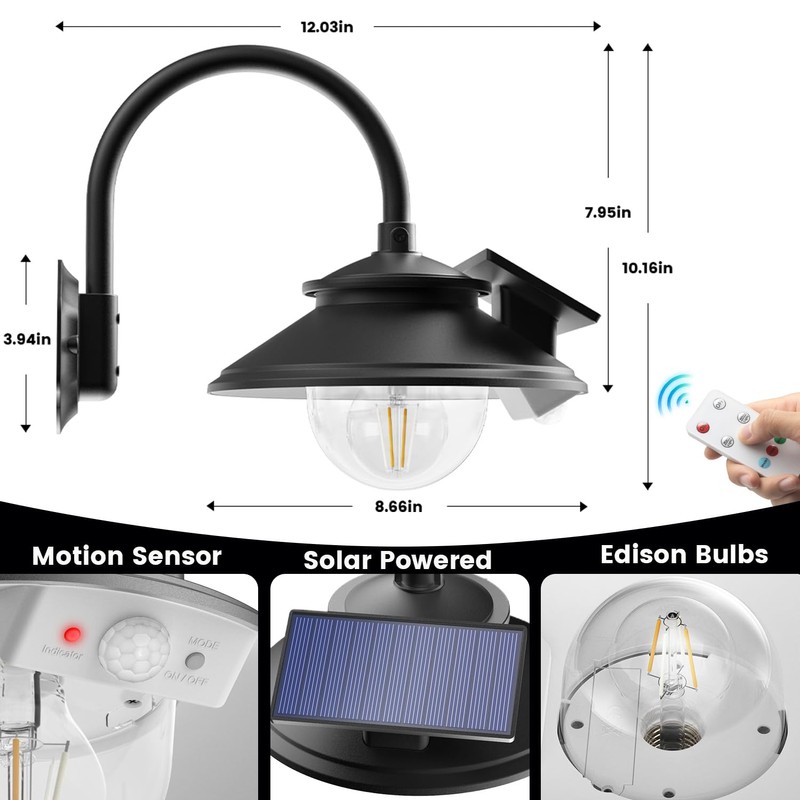 SIEDiNLAR Solar Barn Light Outdoor 3 Modes 2 Lighting, Garage