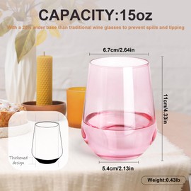 GLAZVIA Pink Stemless Wine Glasses Set of 6-15oz Pink Wine Glass Cups, Pink Crystal Drinking Glassware, Unique Hand Blown Drinkware Holiday Gift Set