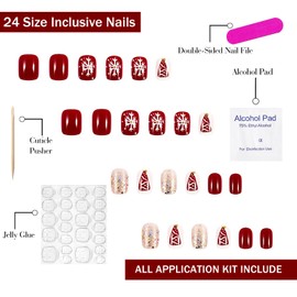 Christmas Press on Nails Extra Short Square OFDNE Red Fake Nails Winter False Nails with Designs Christmas Tree Snowflake Glitter Glossy Glue on Nails Xmas Acrylic Nails for Women Girls 24 Pcs