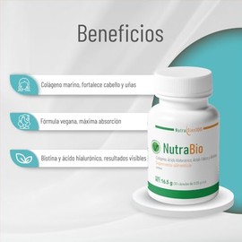 Nutrasien100 Nutrabio | Colágeno Marino Hidrolizado con Biotina y Ácido Hialurónico | Suplemento Vegano para Piel, Cabello y Uñas
