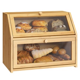 BMOSU Farmhouse Bread Box for Kitchen Countertop Bread box Double Layer Bamboo Wooden Extra Large Capacity Bin Kitchen Food Storage Container(Natural)
