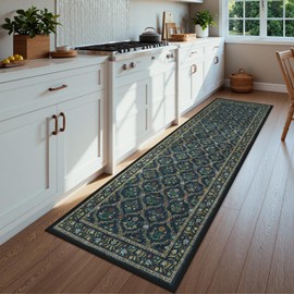 Uphome Moroccan Trellis Washable Hallway Runners, 2x8 Long Kitchen Runner Rug for Entryway Non Slip, Soft Traditional Floral Carpet Rugs Low Pile for Bedroom Living Room, Navy