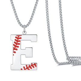VEEHOO Baseball Necklace for Men Boys,Initial A-Z Letter Baseball Jewelry Pendant Baseball Gifts for Boys Boyfriend Coach Dad (Silver, E)