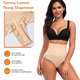 Womens Thong Shapewear Tummy Control Shaper Underwear Seamless Sculpting Thong Panties(A# Mid Rise Beige(lace),Medium)