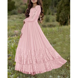 MITILLY Girls Boho Long Sleeve Backless Lace Flower Square Neck Tiered Ruffle Swing Party Maxi Dress 8 Years Pink