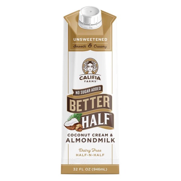 Califia Farms - Unsweetened Better Half Coffee Creamer, 32 Oz (Pack of 6) | Half and Half | Coconut Cream and Almond Milk | Non Dairy | Plant Based | Keto | Sugar Free | Zero Carb | Shelf Stable