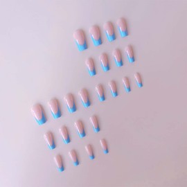 Blue French Press On Nails Medium & Fake Toenails Set Square False Toe Nails Glossy Summer Stick On Nails Full Cover Reusable Glue On Nails For Women Manicure Decorations 48Pcs