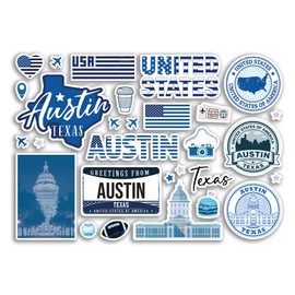A5 Sticker Sheet Austin Landmarks Vinyl Stickers - Blue Texas America States USA Flag Travel Holiday Map City Scrapbook Aesthetic #80597