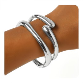 PEALICIOUS 2PCS Chunky Silver Bracelet, Chunky Bangles Silver Bangles for Women Adjustable Twist Cuff Bracelet Set as Chunky Silver Jewelry Bracelets Cuff Accessories for Party