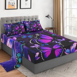 WeCozy Twin Size 3 Pcs Bed Fitted Sheet Set with 14" Deep Pocket, Vintage Spring Galaxy Space Flat Sheet Set for Kids and Adults, Summer Tropical Purple Butterfly Bedding Set with Pillowcase