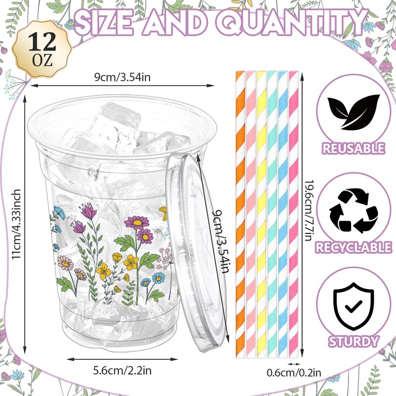 ZCPTZ 100 Sets Wildflower Plastic Cups with Straws & Lids