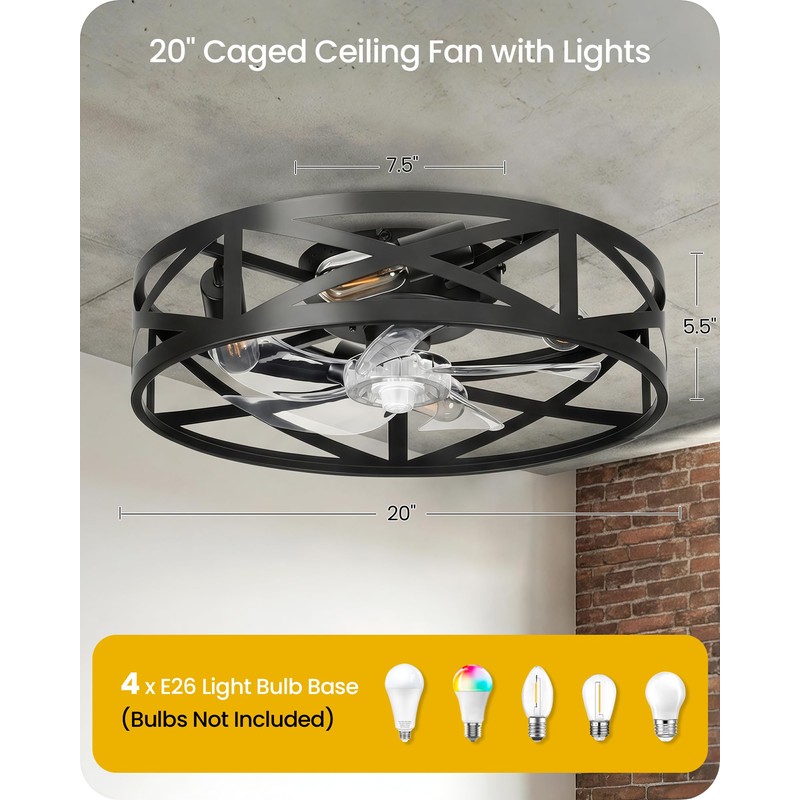 20" Farmhouse Flush Mount Ceiling Fan with Lights and Remote,