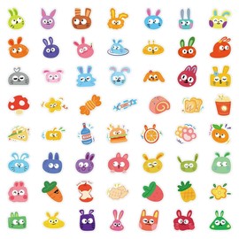 60 Pcs Kawaii Bunny Stickers, Funny Cartoon Colorful Bunny Stickers Aesthetic Decals Vinyl Waterproof Stickers for Water Bottle Laptop Luggage Skateboard Guitar Scrapbook Phone for Kids Girl Teens