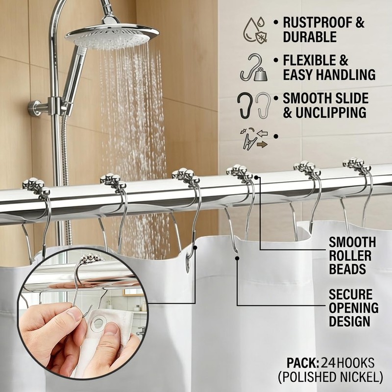 24 Pcs Shower Curtain Hooks, Stainless Steel Shower Curtains Rings