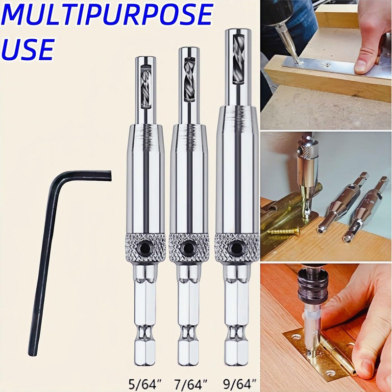 Self Centering Drill Bit Set, 5/64" 7/64" 9/64" Hinge Dowel