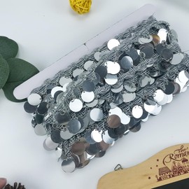 Gnognauq 10 Yards Sparkling Round Coin Shape Sequin Fringe Trim Belly Dance Tassels Trim for Belt Chain Party Accessories DIY Cloth (Silver)