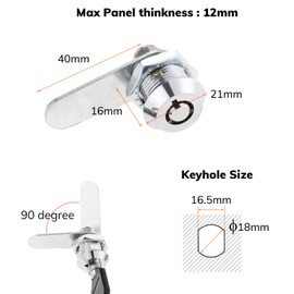 Hicello Cylinder Tubular Cam Lock Ø18mm x 25mm Barrel 90 Degree 2 Keys for Residential Mail Box Lift Cabinet Loft Latch Utilties Infrastructure Tubular Round Key