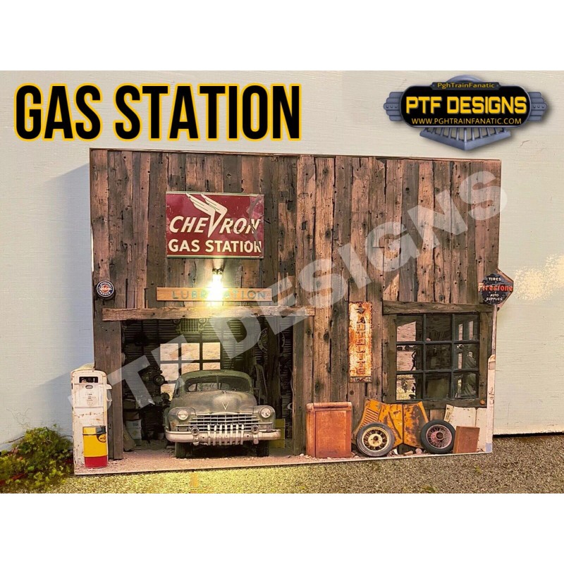 PTF DESIGNS O Scale GAS STATION Building Flat w/LED -
