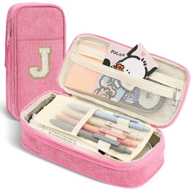 GIFTOXO Pencil Bag, Pencil Case for Girls Women, Preppy Pencil Case, Large Initial Pencil Pouch with Zipper, Back to School Supplies, Aesthetic Pen Case Box for Kids Teen Girls - J(Pink)