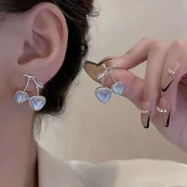 Zeshimb Cute Moonstone Cherry Stud Earrings Heart Shaped Crystal Cherry Earrings Simulated Gemstone Cherry Fruit Studs Silver Leaf Cherry Earrings Jewelry for Women, Zinc, No Gemstone