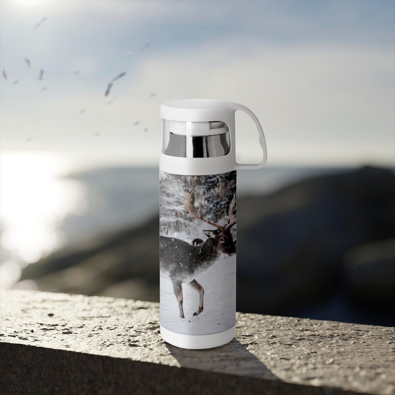 Stainless Steel Thermos Flask with Integrated Cup - Reindeer Profile