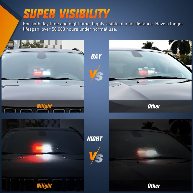 Nilight Red and White Emergency Strobe Lights Windshield Hazard Warning