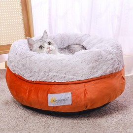 XINSOURCE Cozy Round Pet Bed, Cats Bed,Dogs Bed. Soft Plush Interior. Extra Support. Non-Slip. Machine Washable. (Gery+Orange, Small)