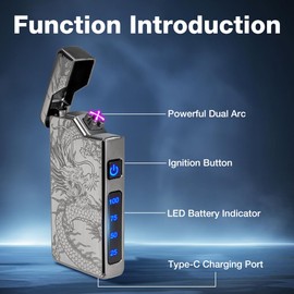 LcFun Electric Lighter, USB Rechargeable Lighter, Dual Arc Plasma Lighter, Windproof Flameless Lighter, Electronic Lighter with LED Battery Indication Gifts for Men Boyfriend Husband (Dragon Gold)