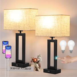 MoMyofdy Tall Table Lamps for Living Room Set of 2, Modern Bedside Lamps w. 2 USB Ports, 3-Way Dimmable Touch Control Nightstand Lamp Set w. Fabric Cream Shade for Bedroom End Table, 22 in