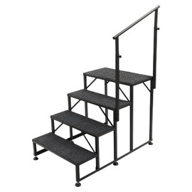 4 Steps RV Steps with Handrail,Hot Tub Steps Ladder with Soft Cushions, Anti-Slip Stairs for Travel Trailer,RV, Camper,Mobile Home,Pool and Porch,450 LBS Capacity (with Single Handrail)