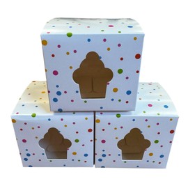 6-Pack Polka Dot Cupcake Boxes with Window – White with Multicoloured Dots | 8.5 x 8.5 x 7.5 cm Gift Boxes | Boîtes à cupcakes avec fenêtre – Lot de 6 décor pois colorés