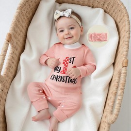 My First Christmas Baby Girl Outfit Newborn Long Sleeve Romper Onesie Infant Jumpsuit Fall Winter Clothes Outfits (Santa Hat, 0-3 Months)